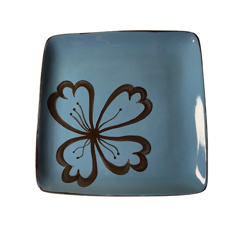 PIER 1 IMPORTS Blue Brown Floral Heavy Boho 10.5" Square Stoneware Plate Setof 2